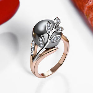 Rose Gold Ring With Grey Pearl and Silver Crystal Leaf