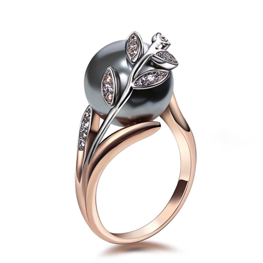 Rose Gold Ring With Grey Pearl and Silver Crystal Leaf