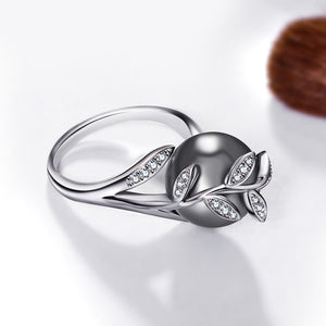 Rose Gold Ring With Grey Pearl and Silver Crystal Leaf