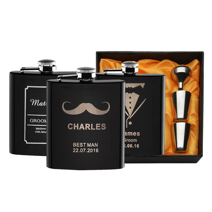 Personalized Engraved 6 oz Black Hip Flask Set